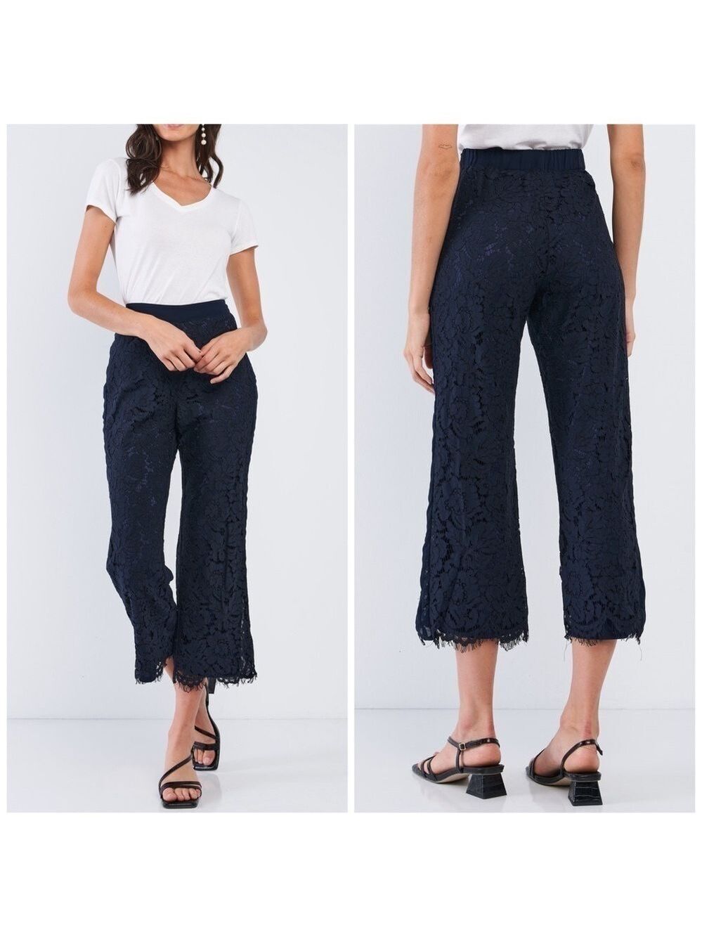 Sugarlips Lace Cropped Pull On Elastic Waist Midi Rise Navy Blue Trousers Pants